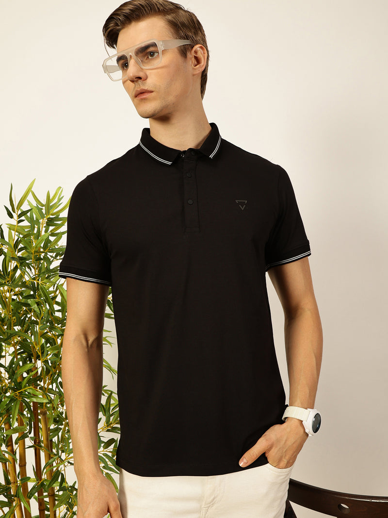 Thomas Scott Men Black Solid Polo Collar Cotton T-shirt