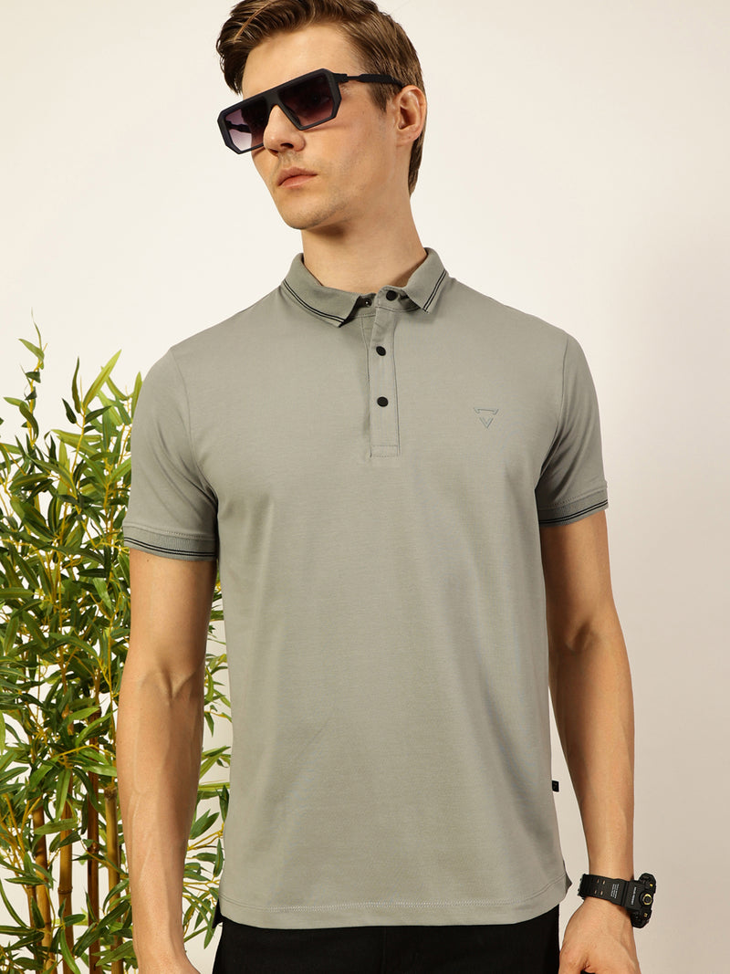 Thomas Scott Men Grey Solid Polo Collar Cotton T-shirt