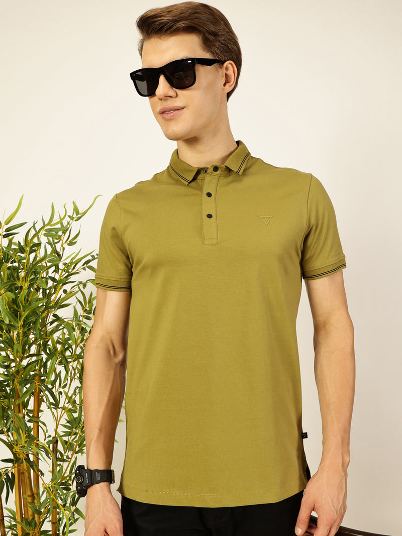 Thomas Scott Men Olive Solid Polo Collar Cotton T-shirt