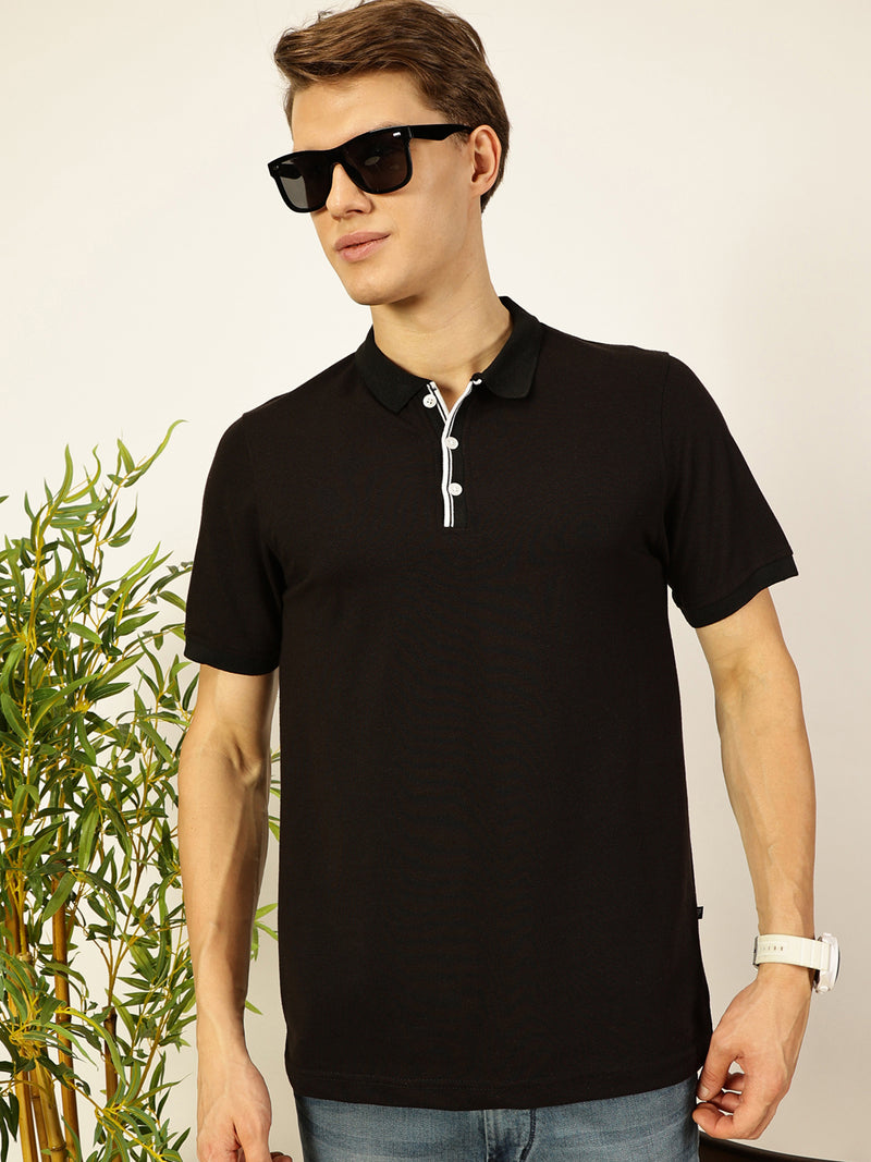 Thomas Scott Men Black Regular Fit Short Sleeves Solid Polo Collar Knit Tshirt