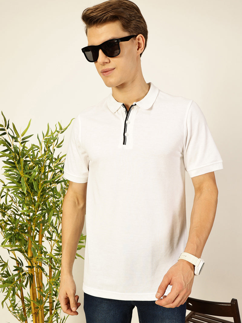 Thomas Scott Men White Regular Fit Short Sleeves Solid Polo Collar Knit Tshirt