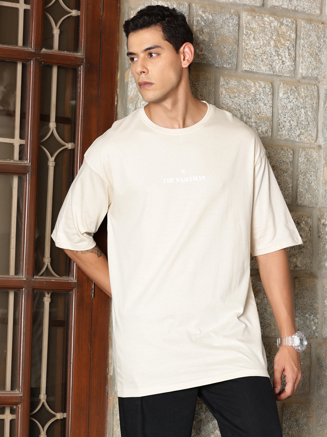 Thomas Scott Men Typography Printed Drop-Shoulder Sleeves Oversized Pure Cotton T-shirt