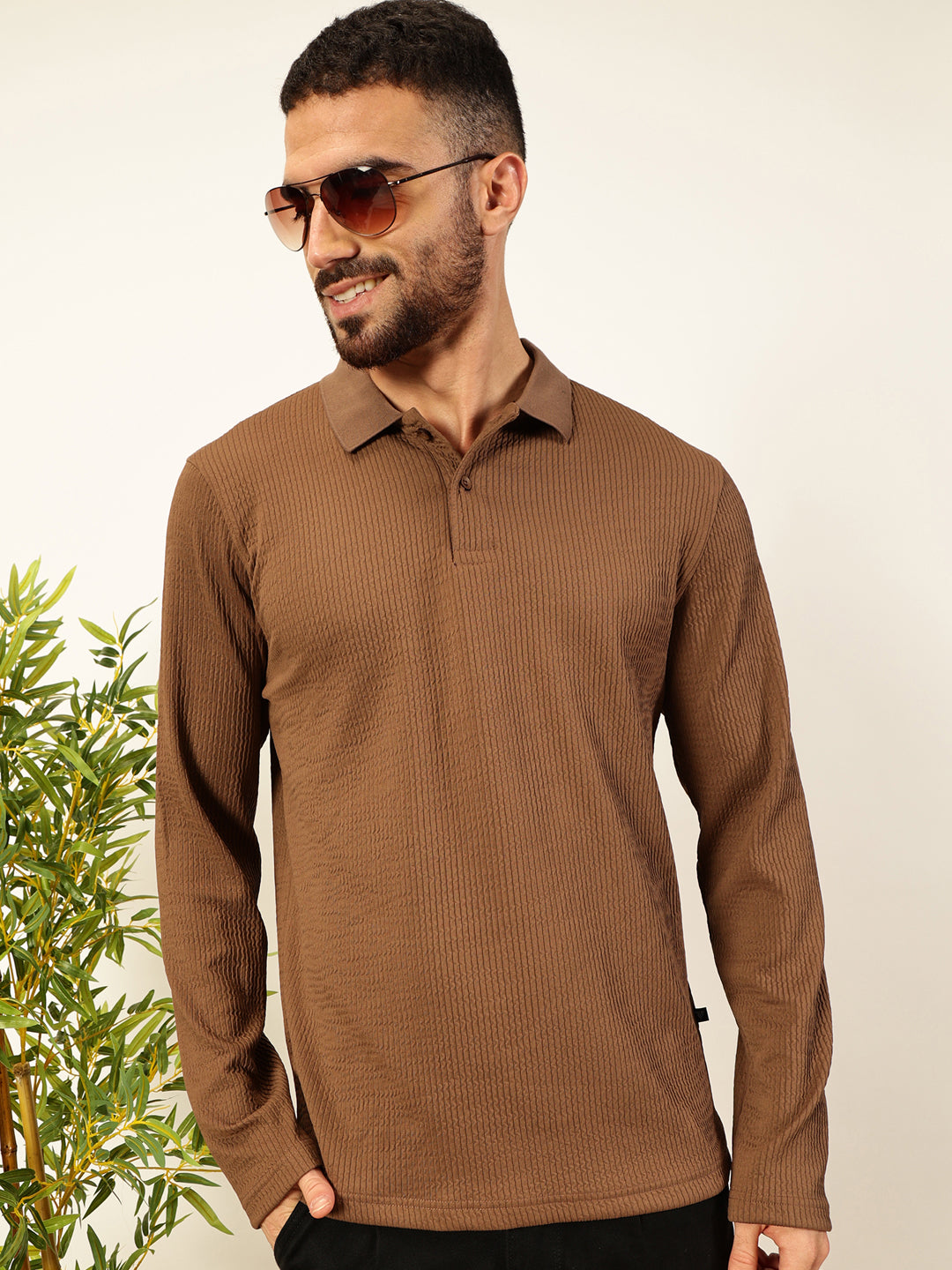 Thomas Scott Men Smart Self Design Polo Full Sleeves T-shirt