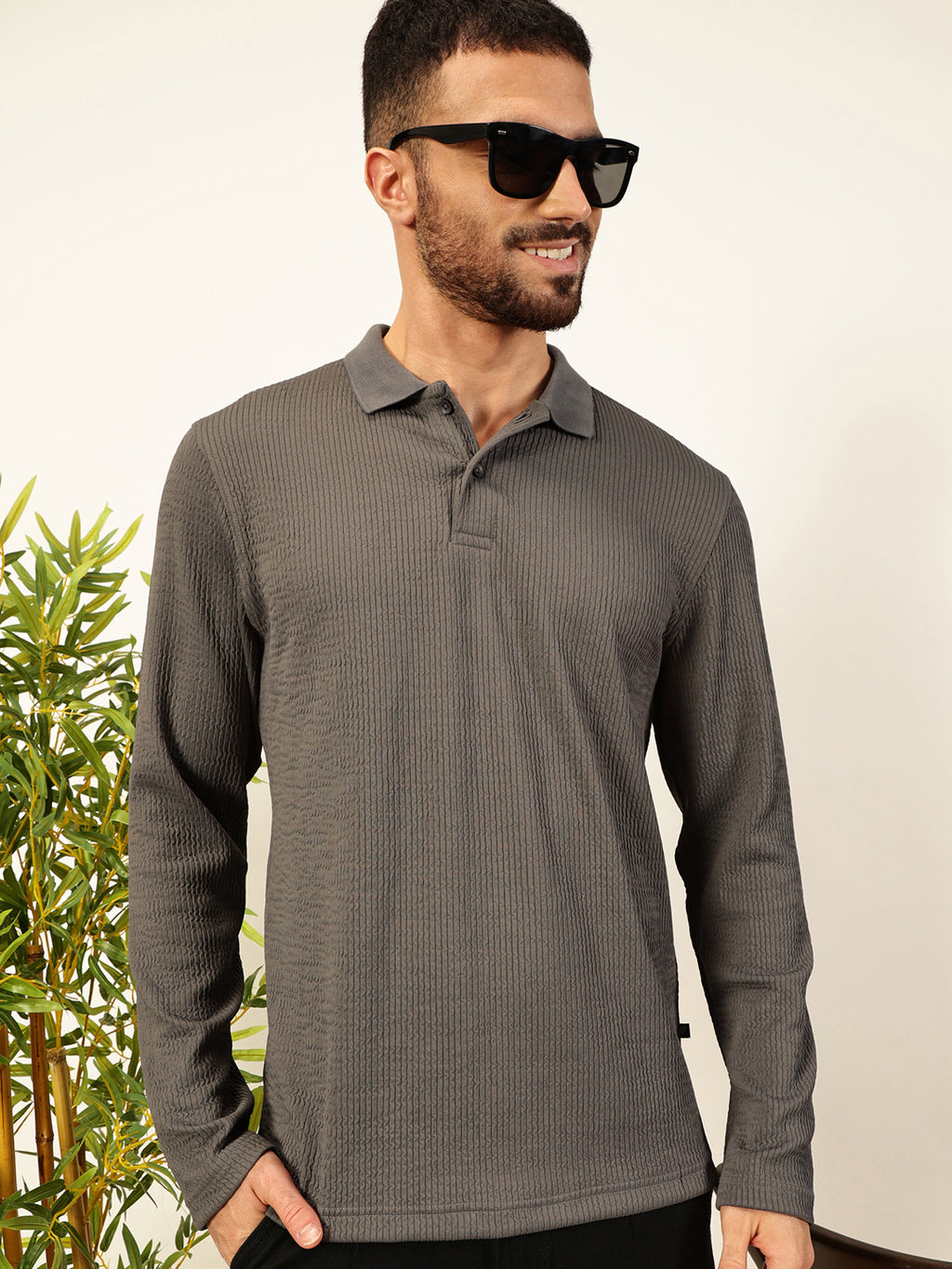 Thomas Scott Men Smart Self Design Polo Full Sleeves T-shirt