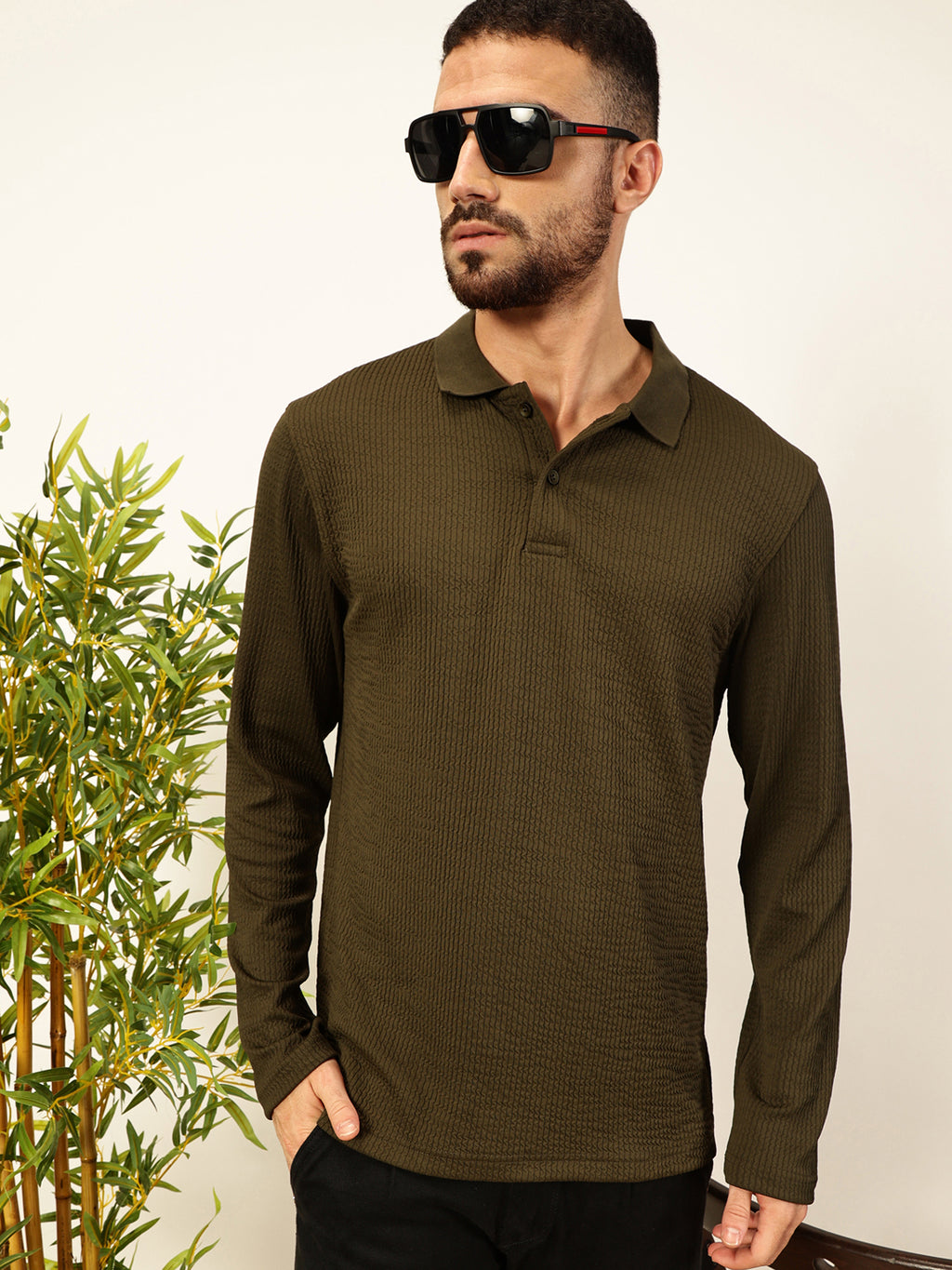Thomas Scott Men Smart Self Design Polo Full Sleeves T-shirt
