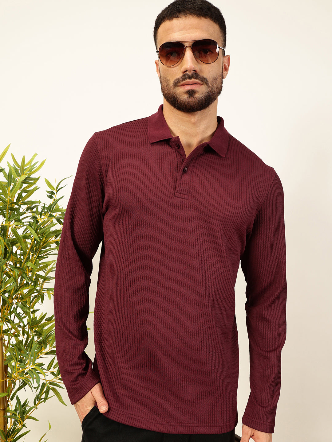 Thomas Scott Men Smart Self Design Polo Full Sleeves T-shirt