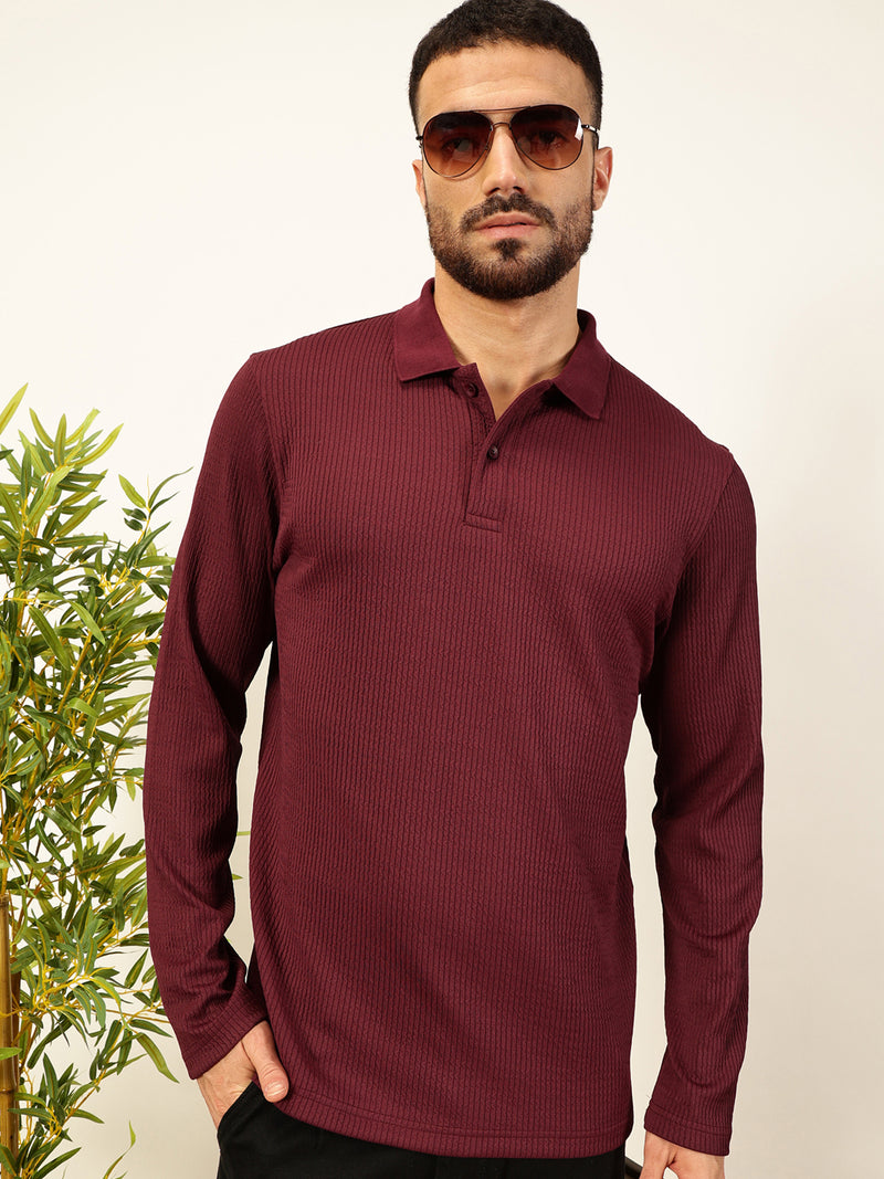 Thomas Scott Men Smart Self Design Polo Full Sleeves T-shirt