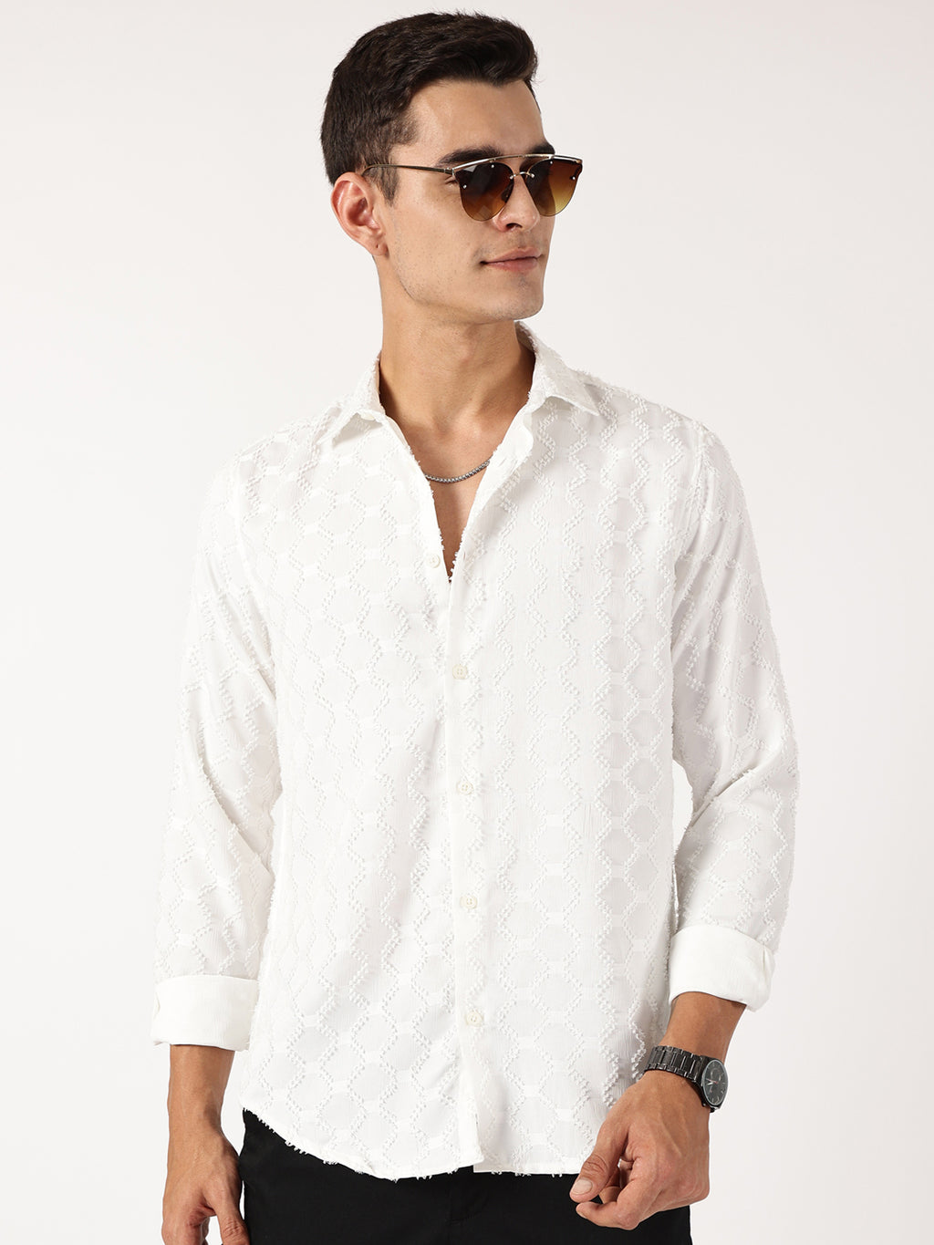 Thomas Scott Men White Premium Textured Casual Shirt