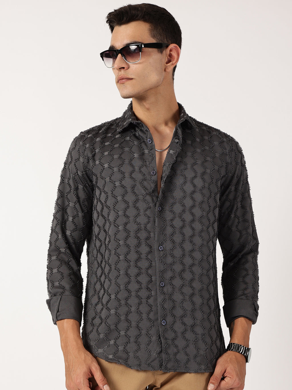 Thomas Scott Men Grey Premium Textured Casual Shirt