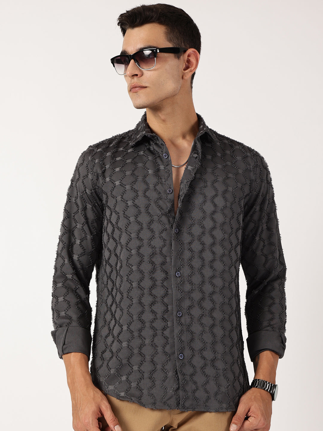 Thomas Scott Men Grey Premium Textured Casual Shirt