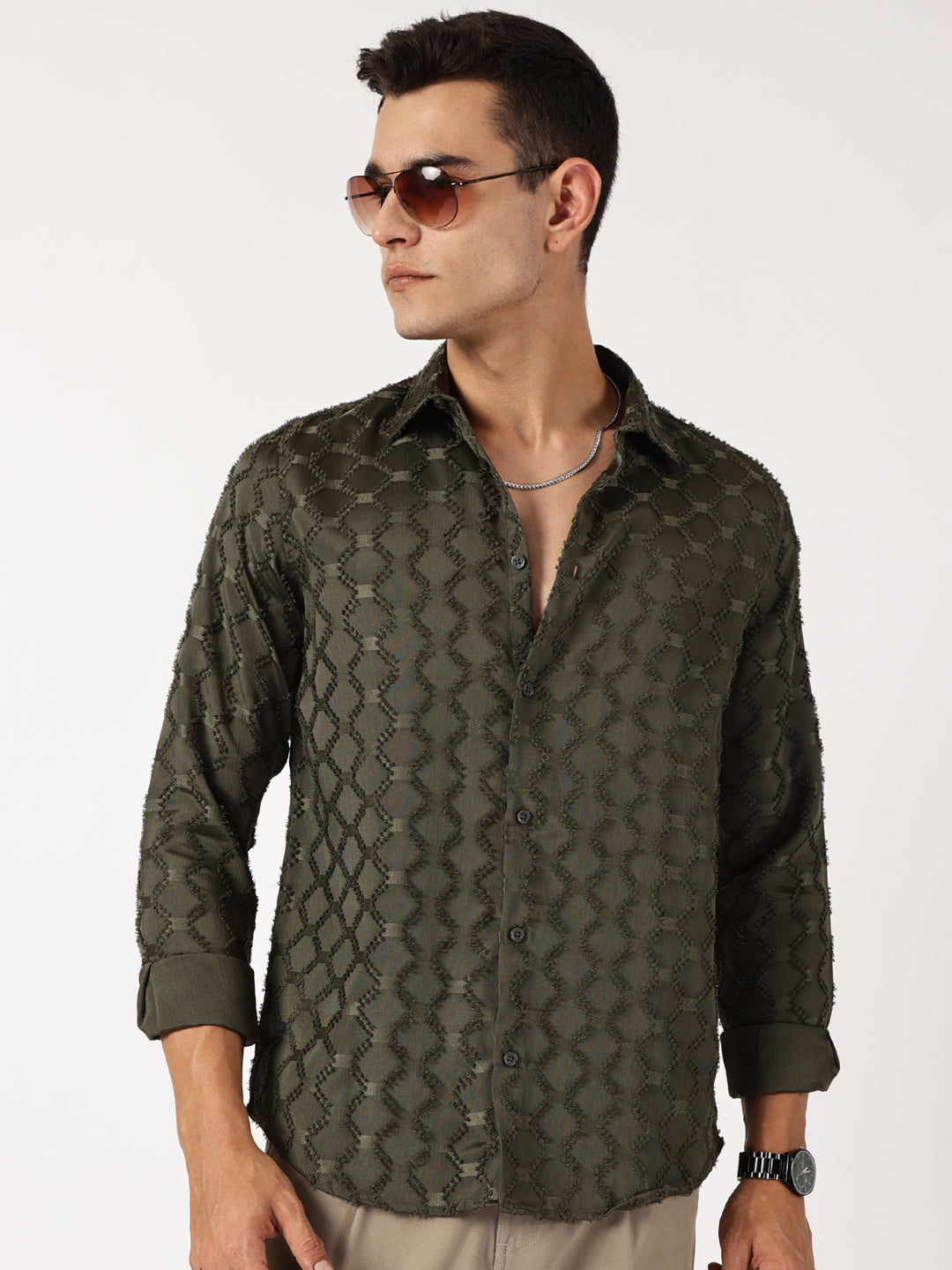 Thomas Scott Men Olive Premium Textured Casual Shirt