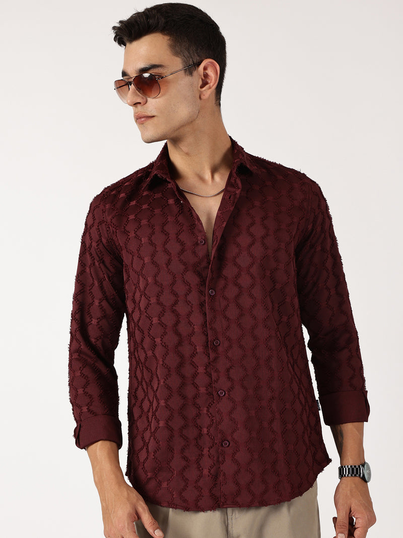 Thomas Scott Men Wine Premium Textured Casual Shirt