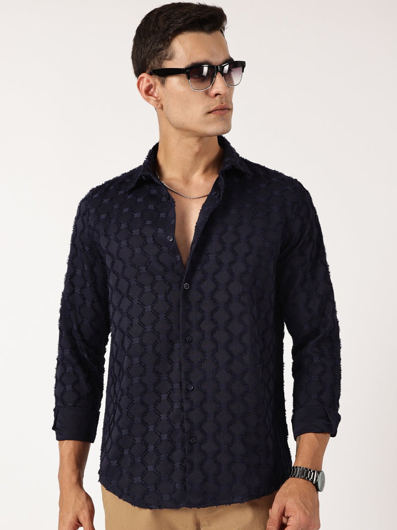 Thomas Scott Men Navy Premium Textured Casual Shirt