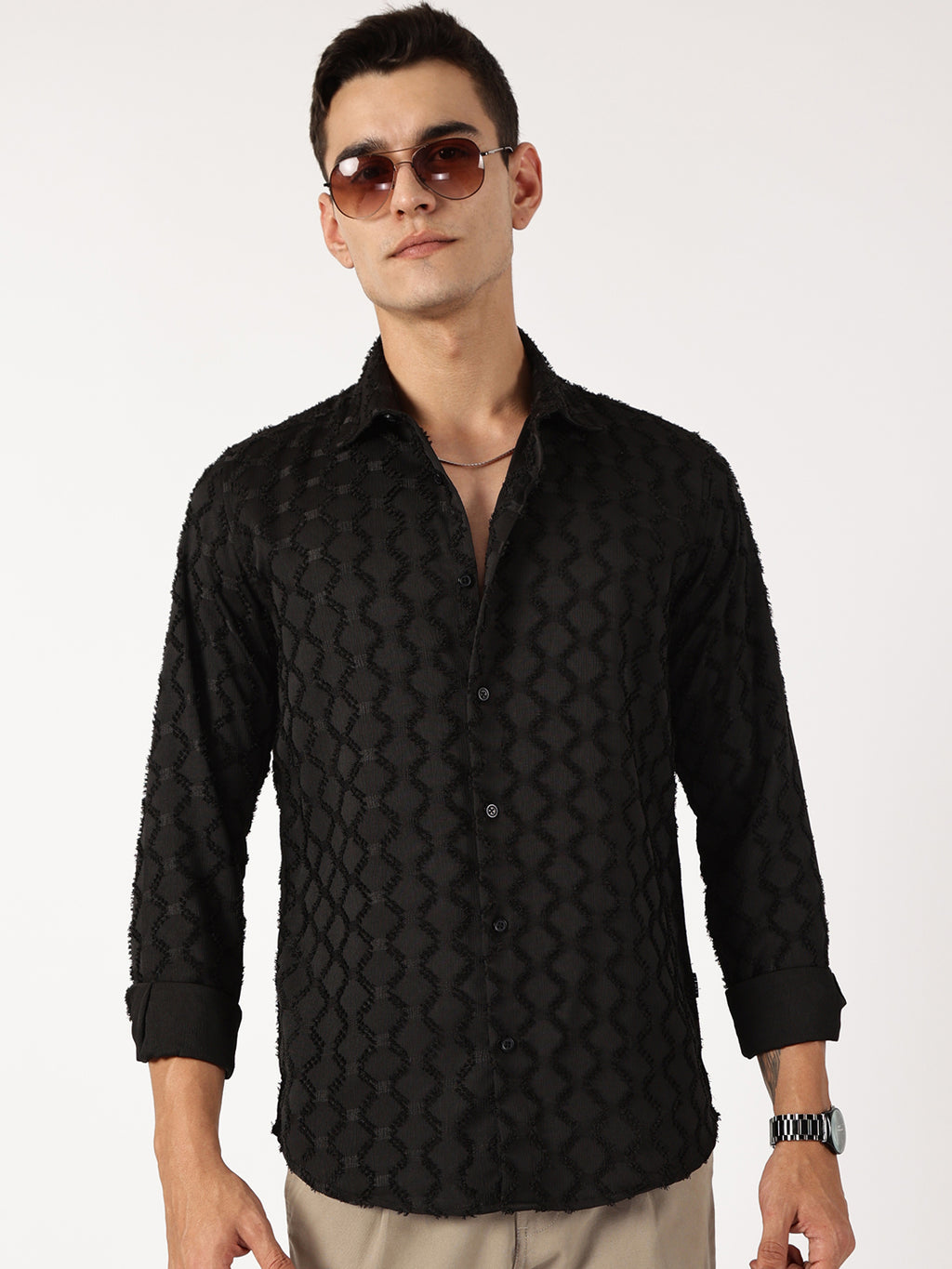Thomas Scott Men Black Premium Textured Casual Shirt
