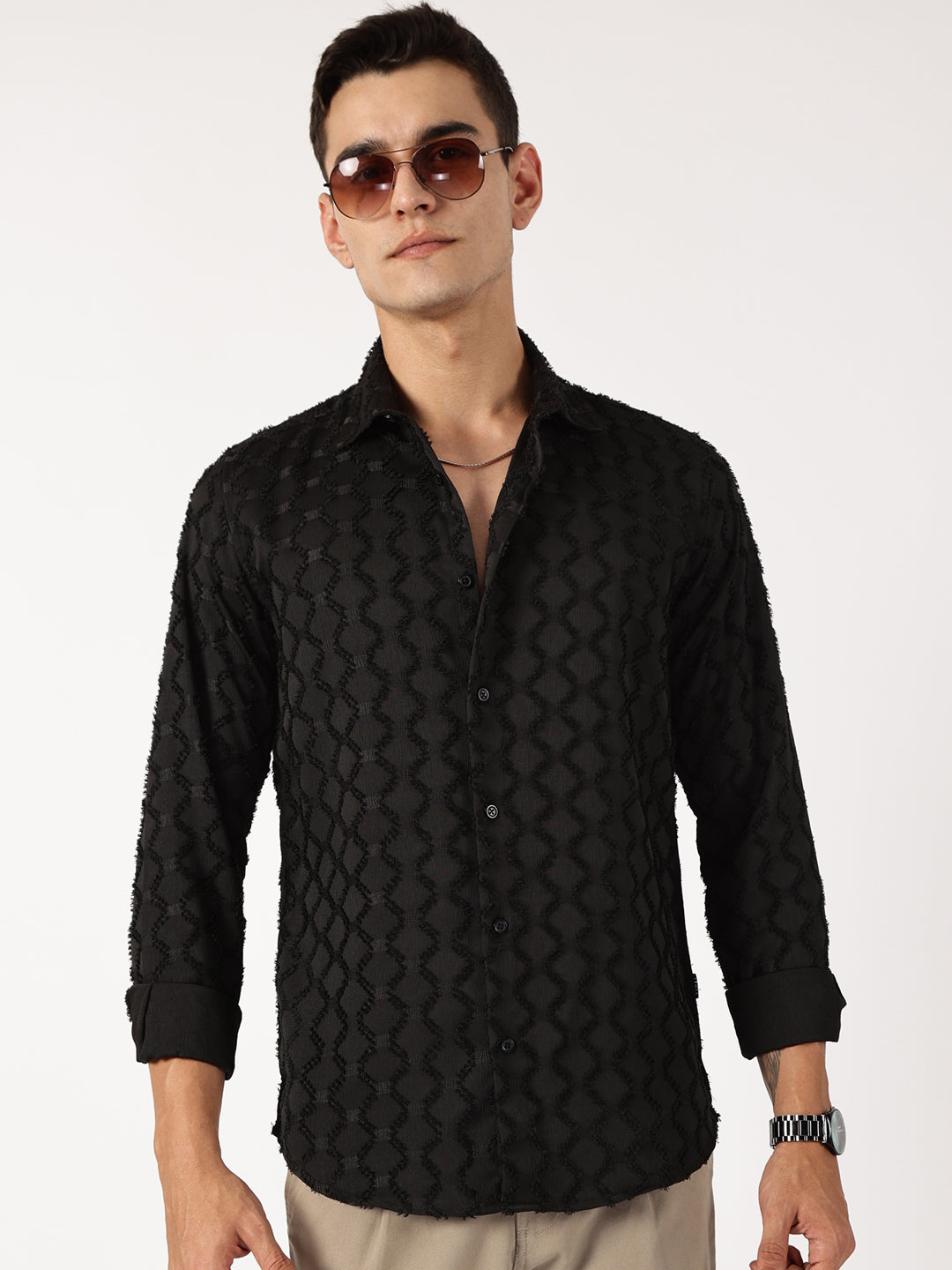 Thomas Scott Men Black Premium Textured Casual Shirt
