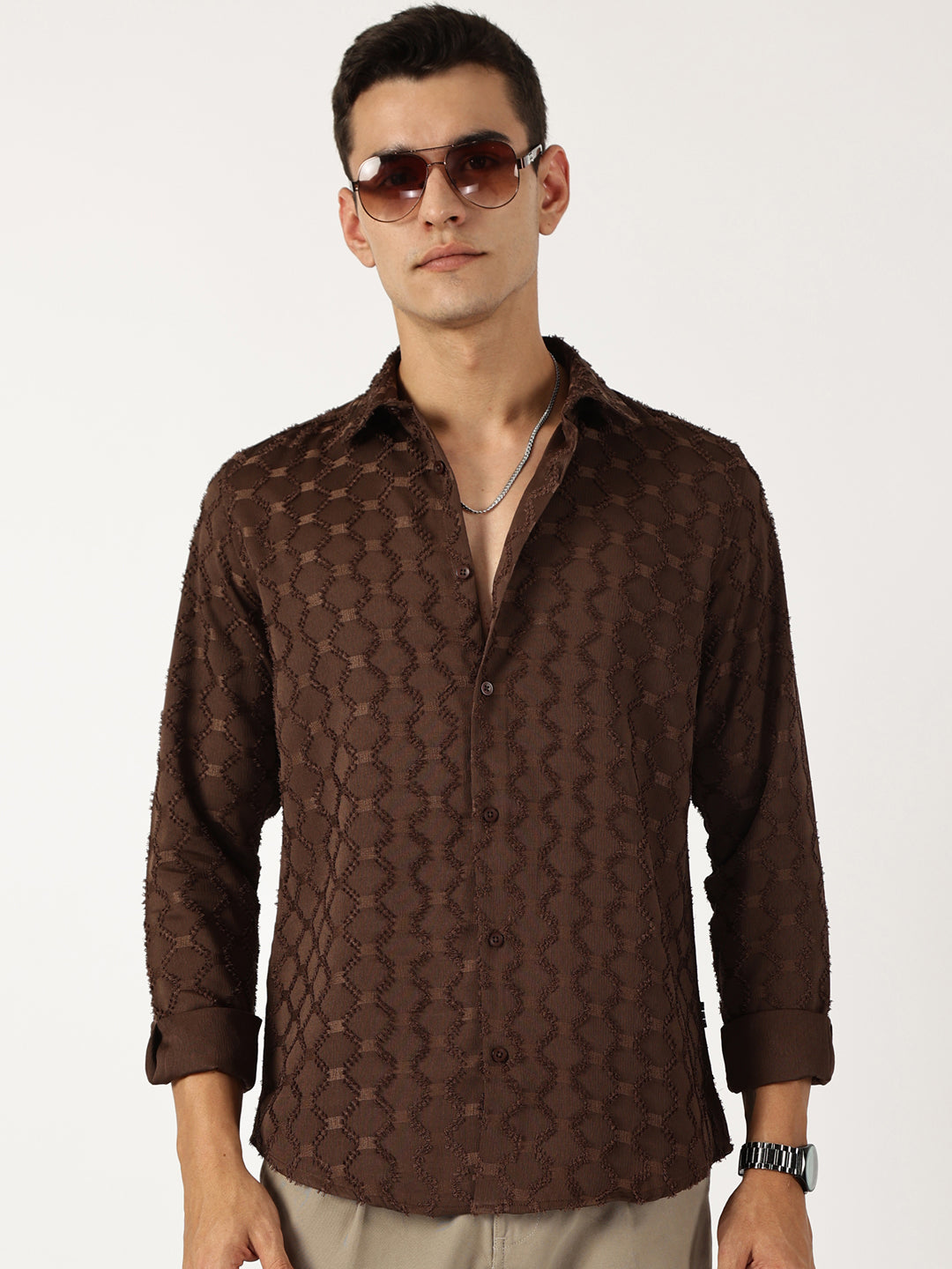 Thomas Scott Men Brown Premium Textured Casual Shirt