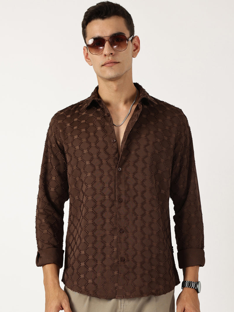 Thomas Scott Men Brown Premium Textured Casual Shirt
