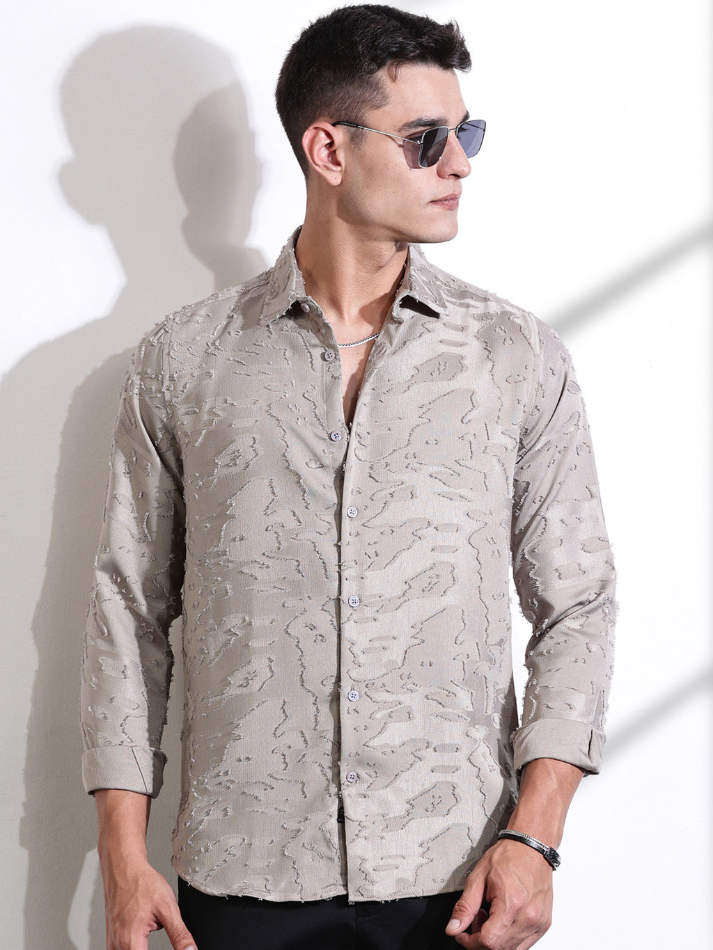Thomas Scott Men Beige Premium Slim Fit Textured Casual Shirt