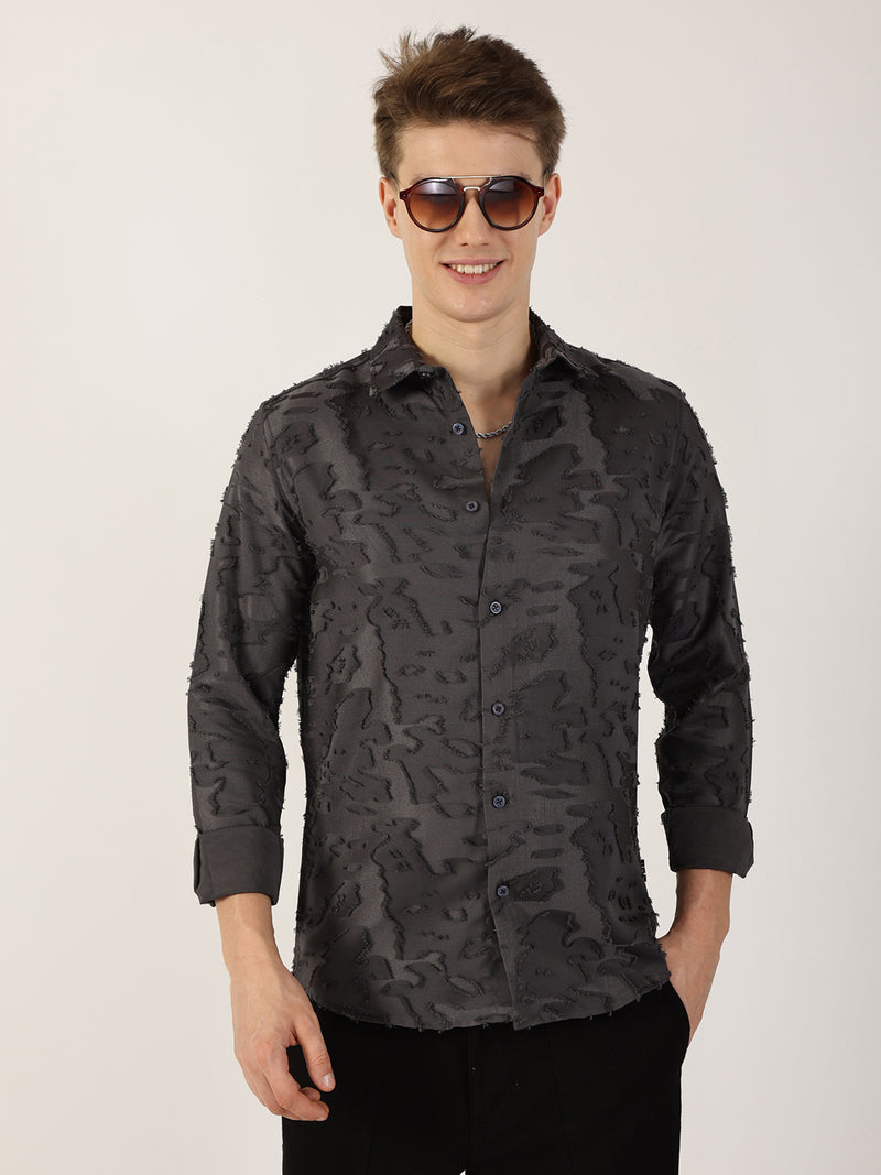 Thomas Scott Men Grey Premium Slim Fit Textured Casual Shirt