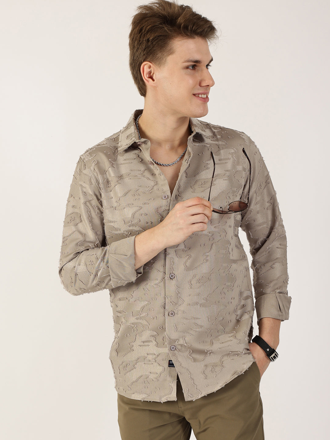 Thomas Scott Men Olive Premium Slim Fit Textured Casual Shirt
