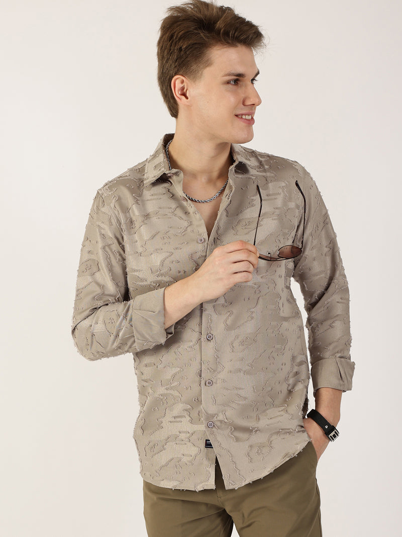 Thomas Scott Men Olive Premium Slim Fit Textured Casual Shirt