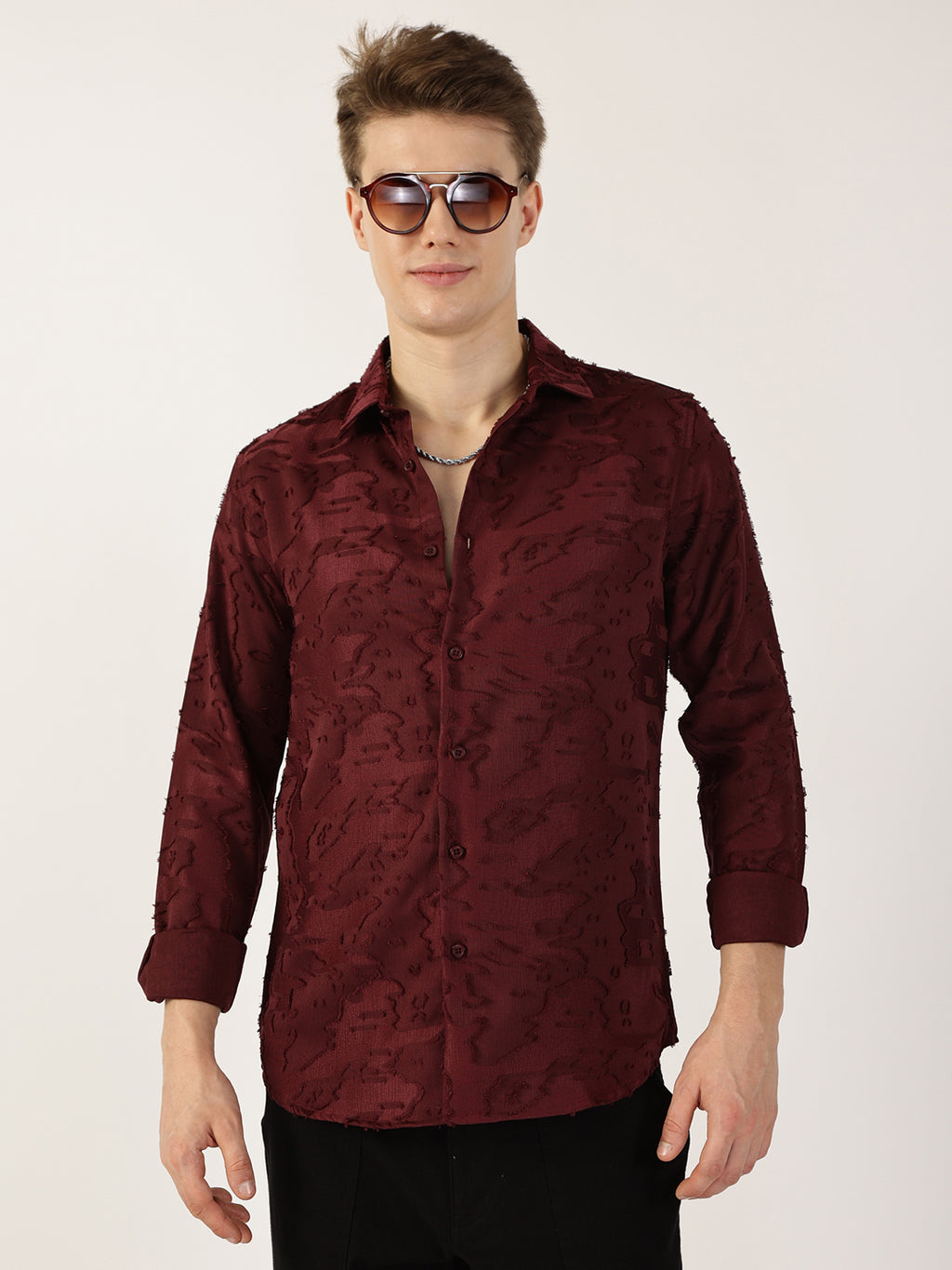 Thomas Scott Men Wine Premium Slim Fit Textured Casual Shirt