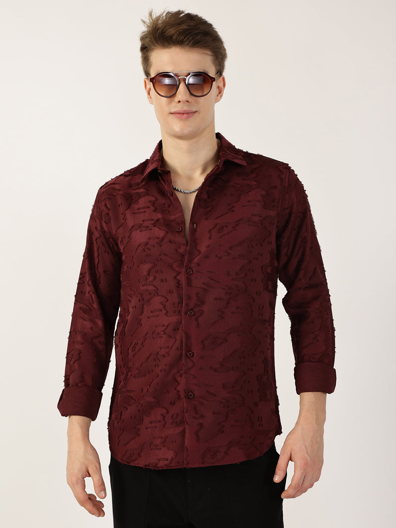 Thomas Scott Men Wine Premium Slim Fit Textured Casual Shirt