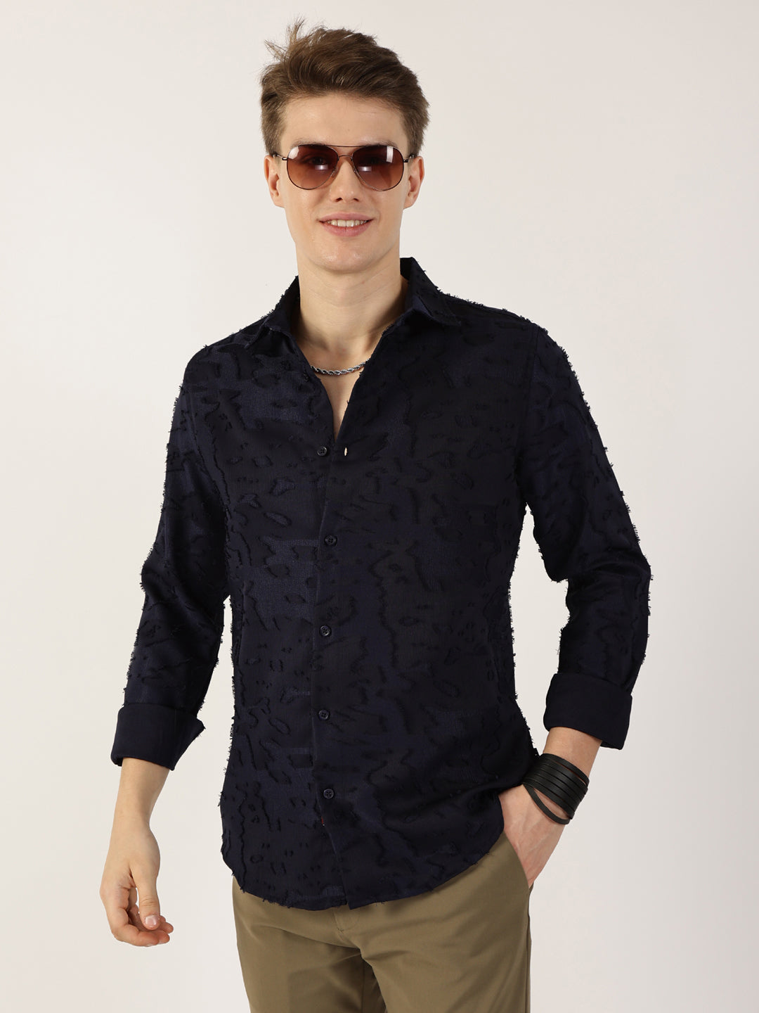 Thomas Scott Men Navy Premium Slim Fit Textured Casual Shirt