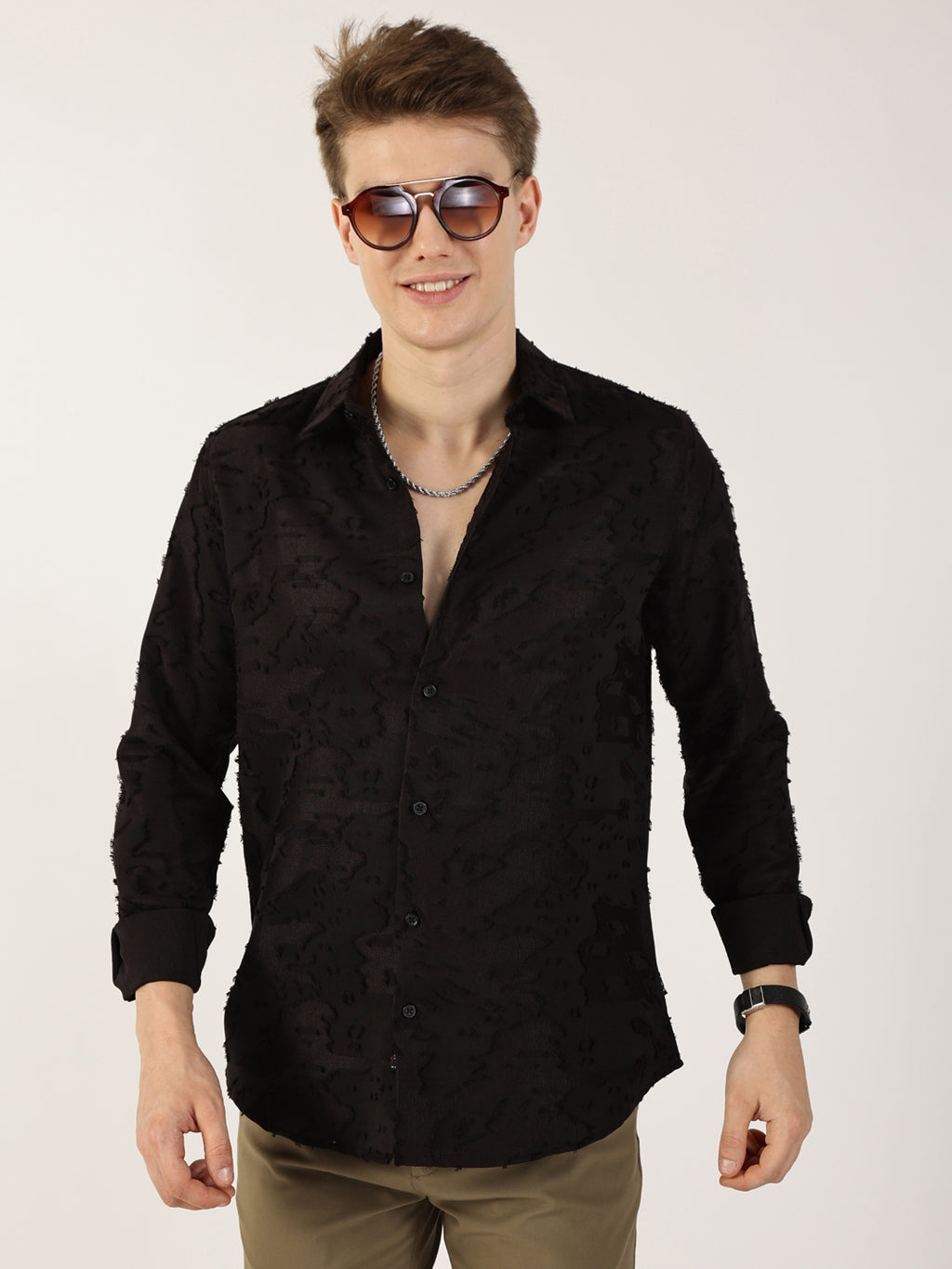 Thomas Scott Men Black Premium Slim Fit Textured Casual Shirt