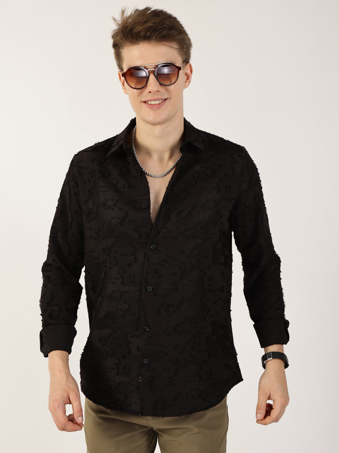 Thomas Scott Men Black Premium Slim Fit Textured Casual Shirt