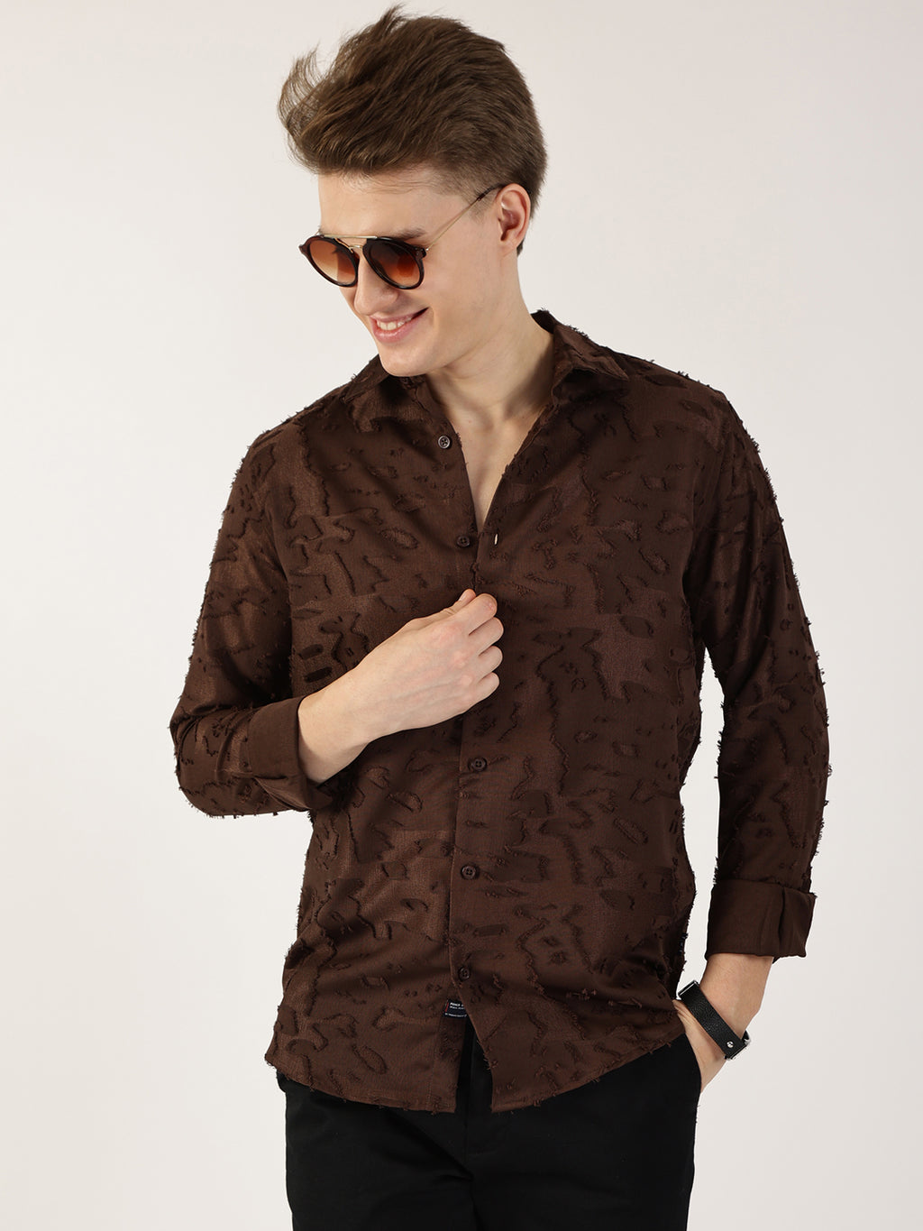 Thomas Scott Men Brown Premium Slim Fit Textured Casual Shirt