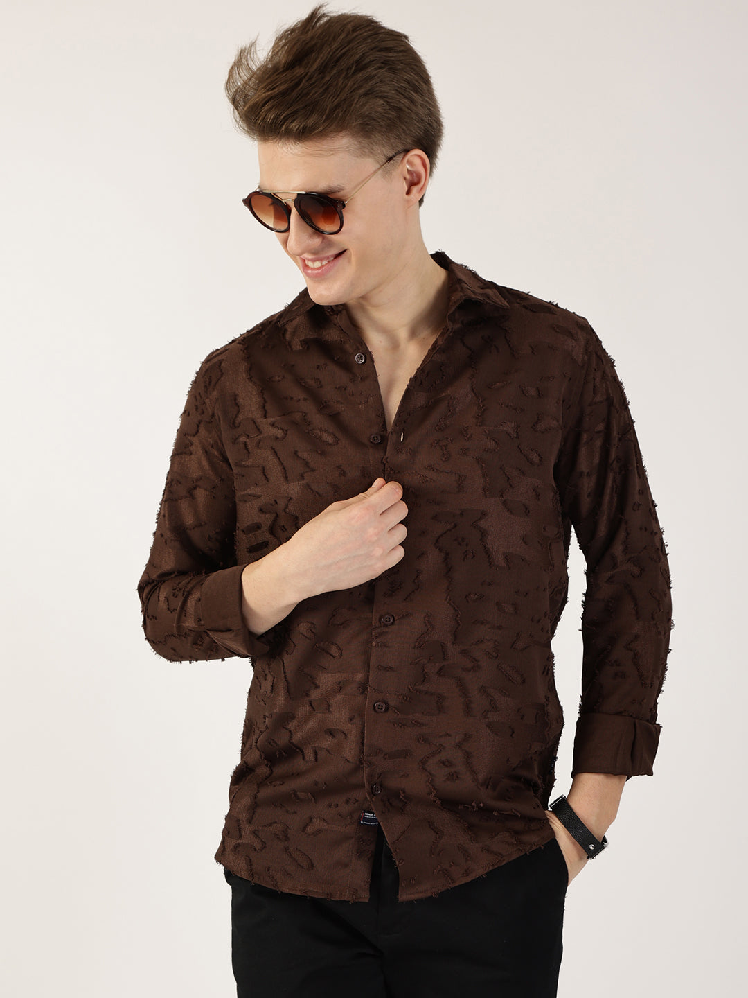 Thomas Scott Men Brown Premium Slim Fit Textured Casual Shirt