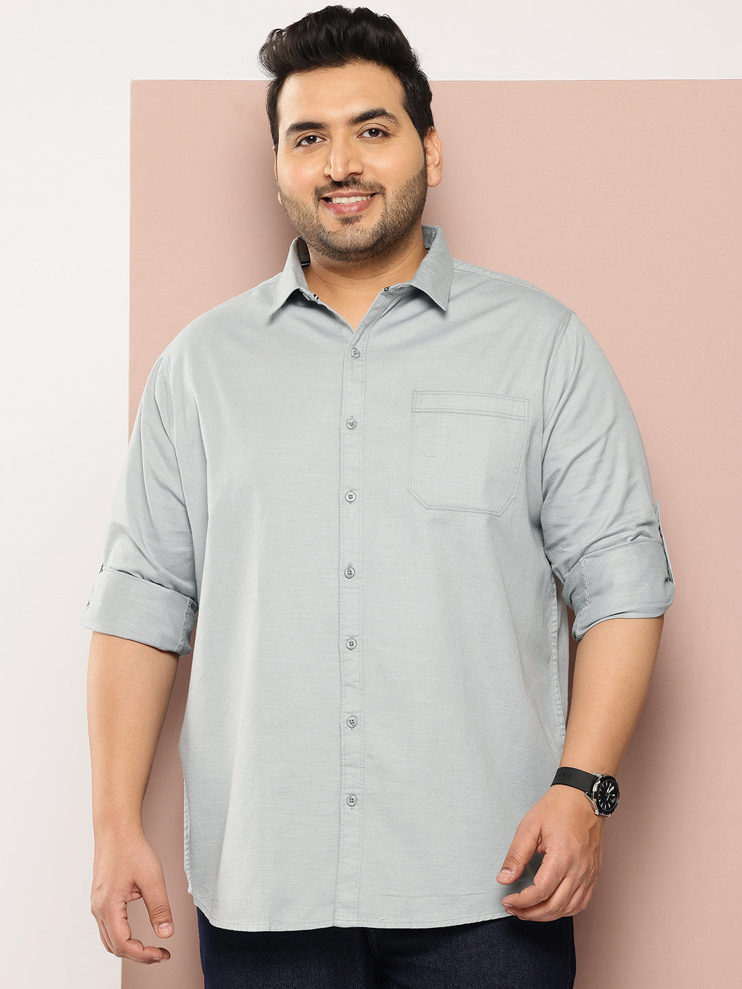 Thomas Scott Men Grey Plus Size Premium Pure Cotton Casual Shirt