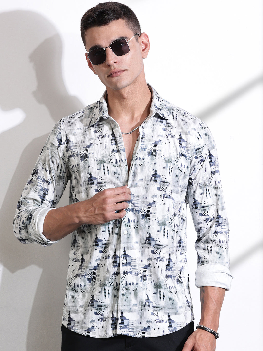 Thomas Scott Men Grey Premium Abstract Printed Casual Shirt