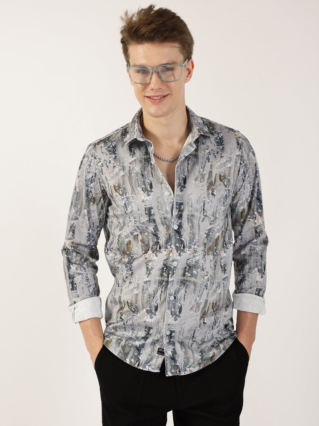 Thomas Scott Men Grey Premium Abstract Printed Casual Shirt