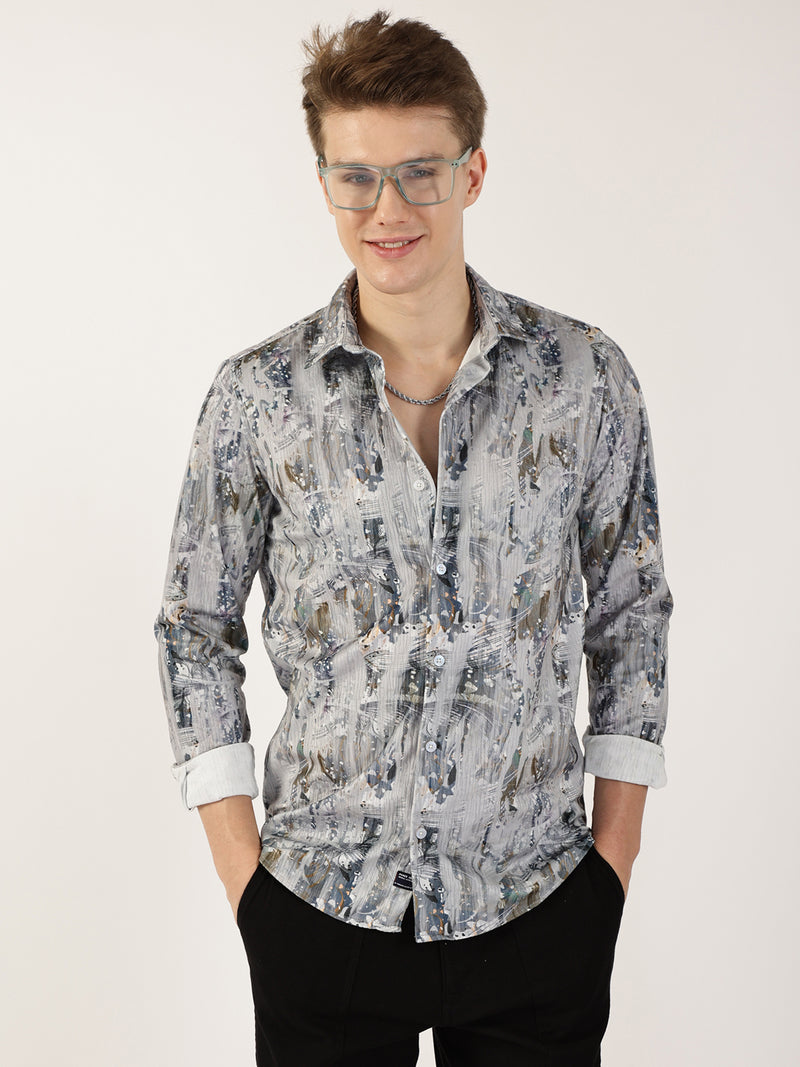 Thomas Scott Men Grey Premium Abstract Printed Casual Shirt