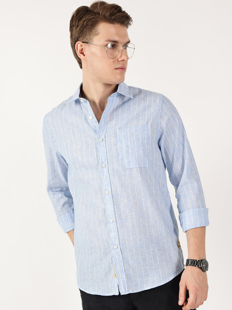 Thomas Scott Men Blue Regular Fit Linen Casual Shirt
