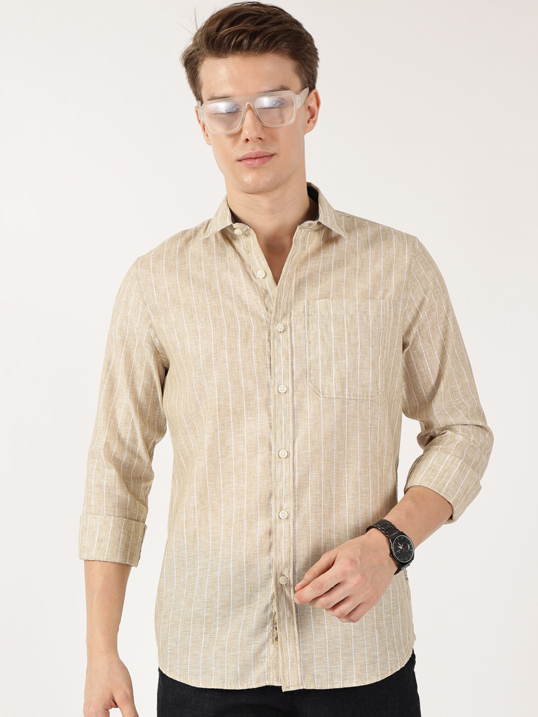 Thomas Scott Men Khaki Regular Fit Linen Casual Shirt
