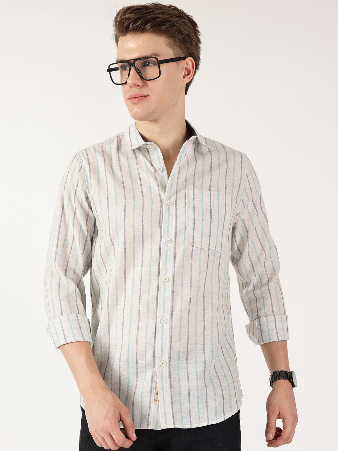 Thomas Scott Men Navy Regular Fit Linen Casual Shirt