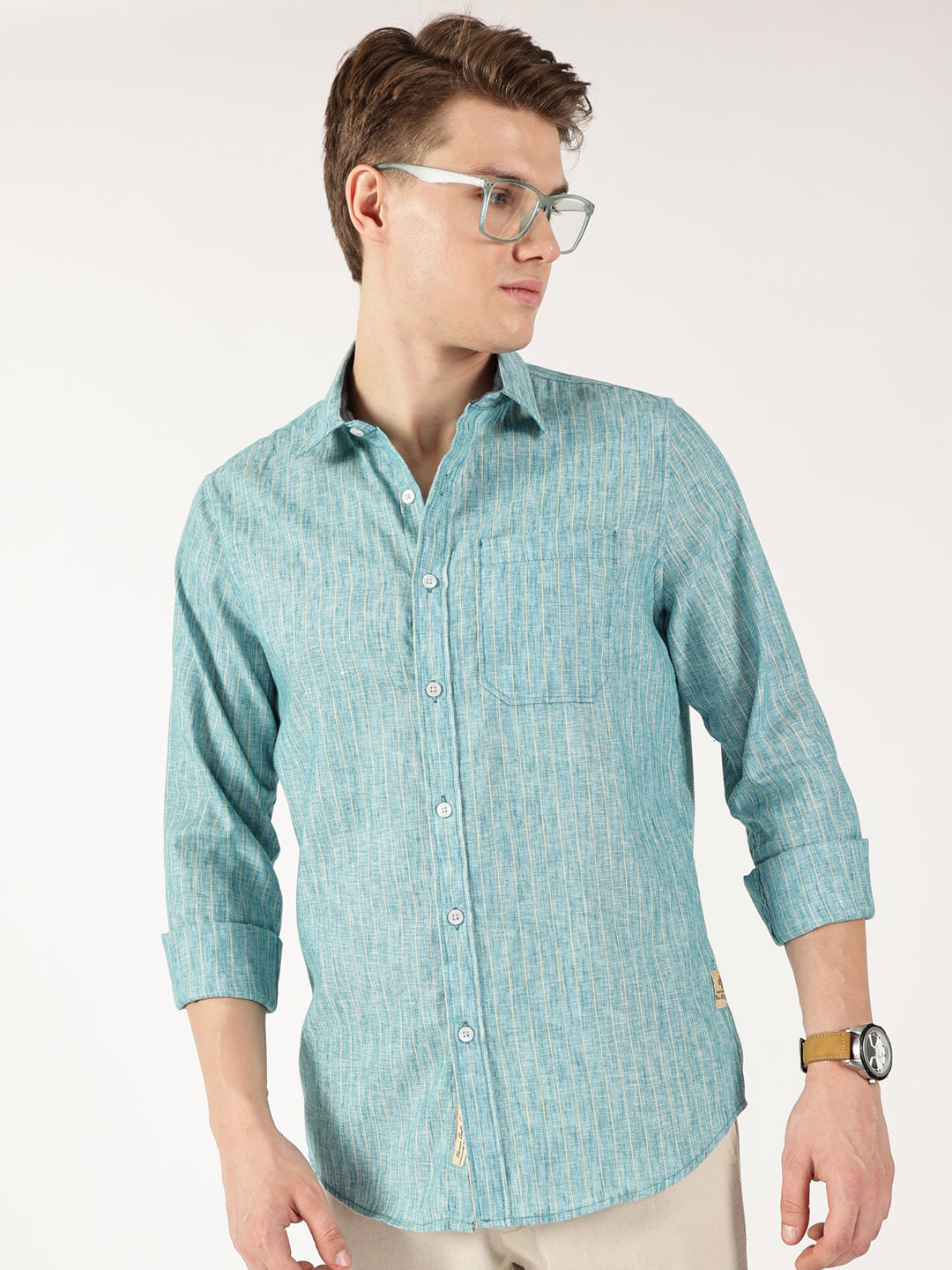 Thomas Scott Men Green Regular Fit Linen Casual Shirt