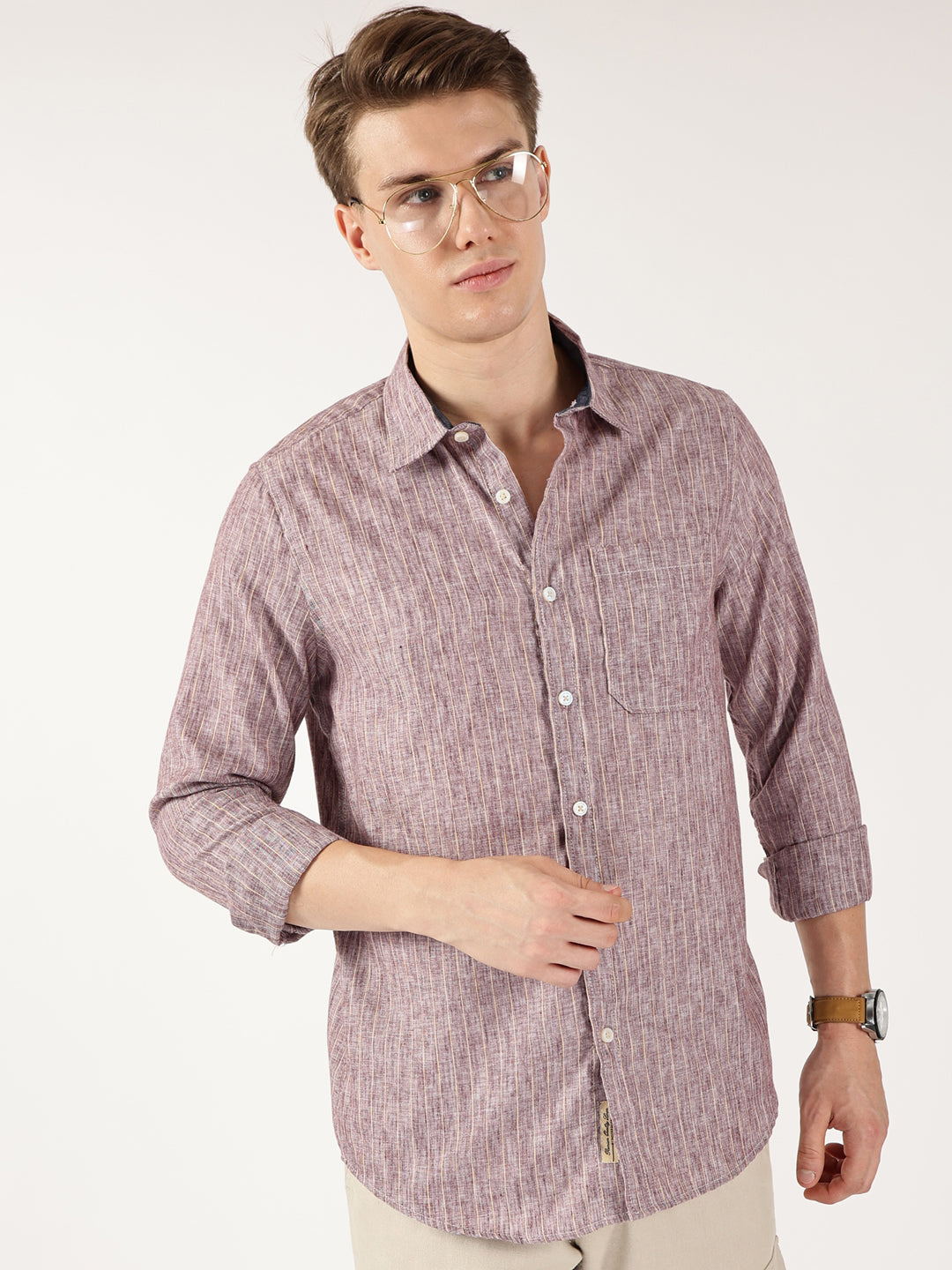 Thomas Scott Men Mauve Regular Fit Linen Casual Shirt
