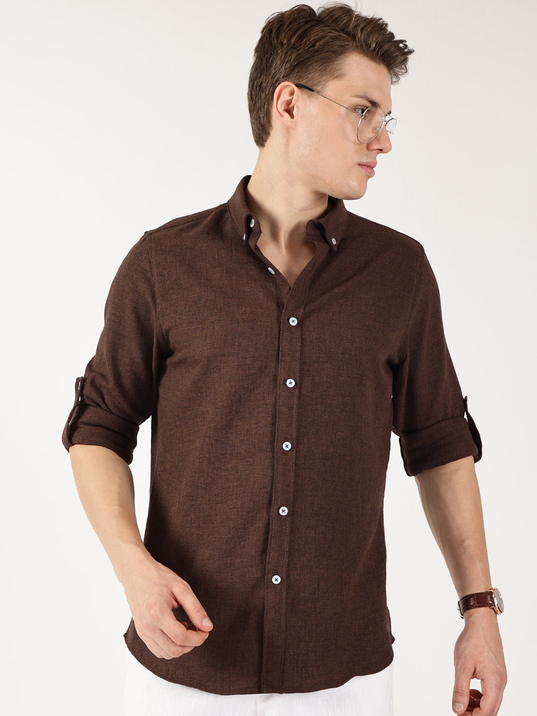 Thomas Scott Men Brown Slim Fit Long Sleeves Button-Down Collar Polyester Casual Shirt
