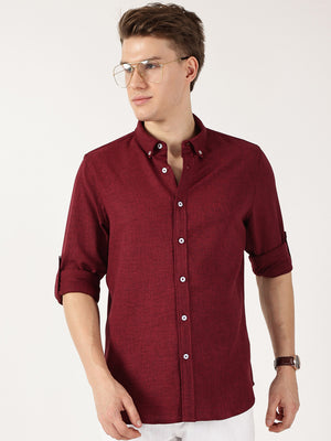 Thomas Scott Men Maroon Slim Fit Long Sleeves Button-Down Collar Polyester Casual Shirt