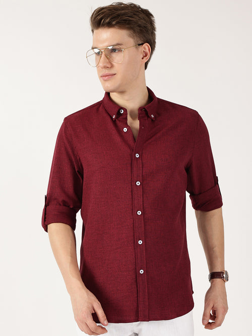 Thomas Scott Men Maroon Slim Fit Long Sleeves Button-Down Collar Polyester Casual Shirt