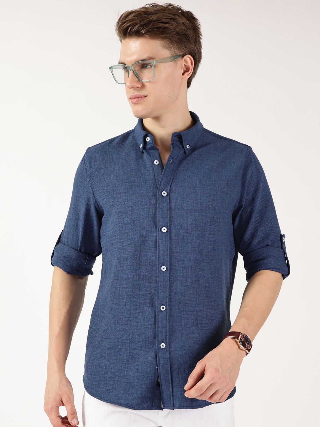 Thomas Scott Men Midnight Blue Slim Fit Long Sleeves Button-Down Collar Polyester Casual Shirt