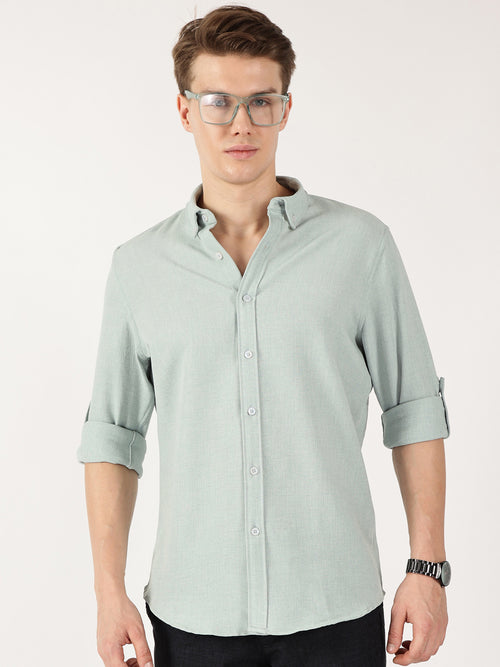 Thomas Scott Men Olive Slim Fit Long Sleeves Button-Down Collar Polyester Casual Shirt