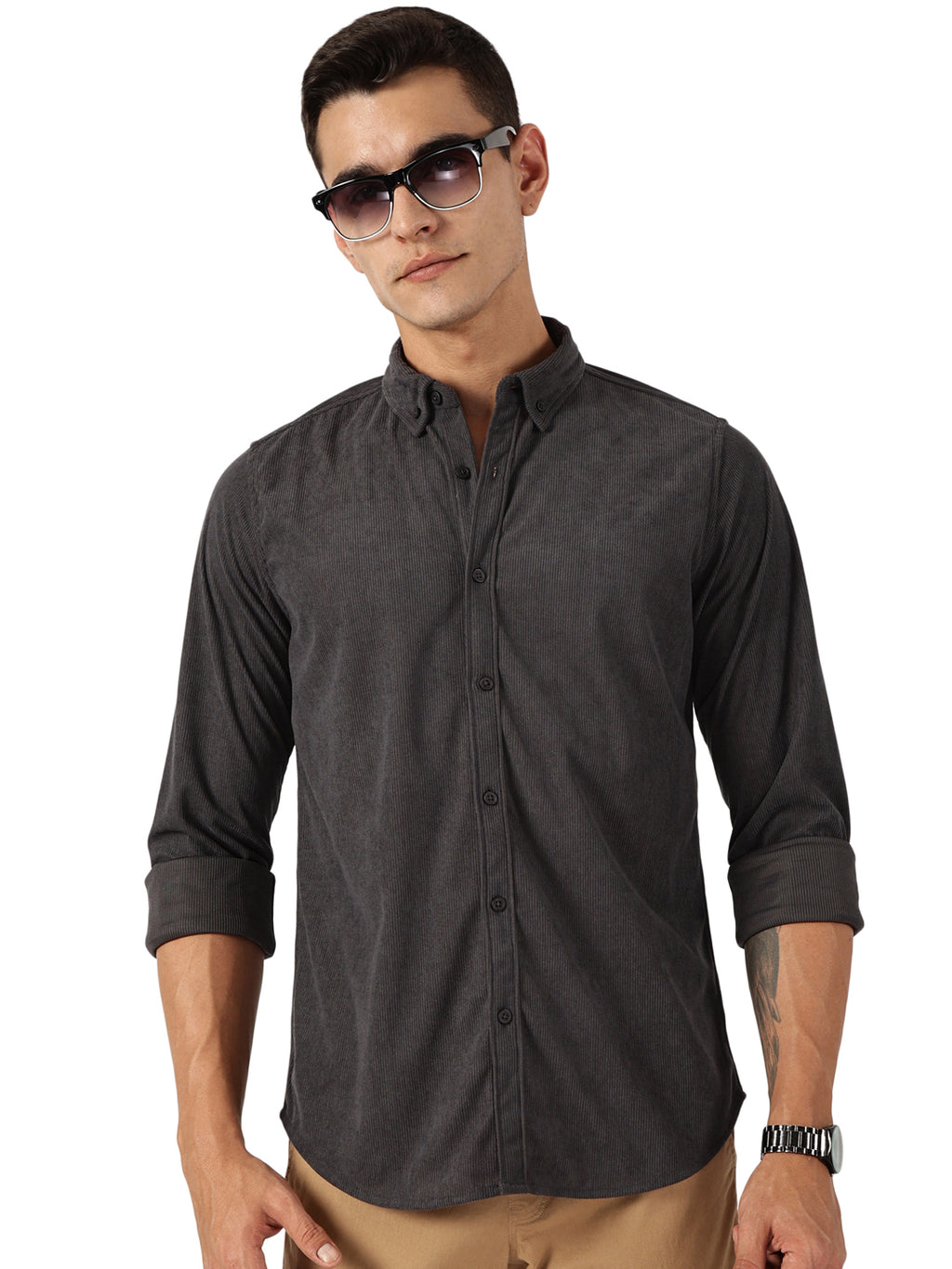 Thomas Scott Men Dark Grey Premium Slim Fit Corduroy Casual Shirt