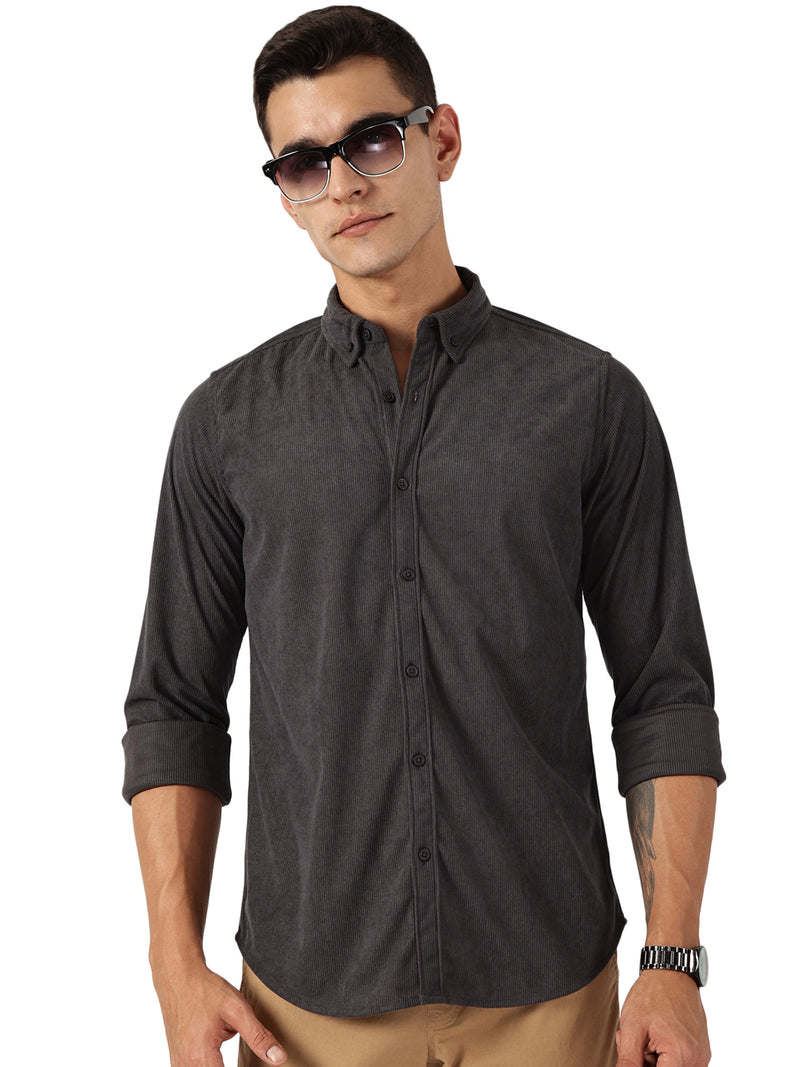 Thomas Scott Men Dark Grey Premium Slim Fit Corduroy Casual Shirt