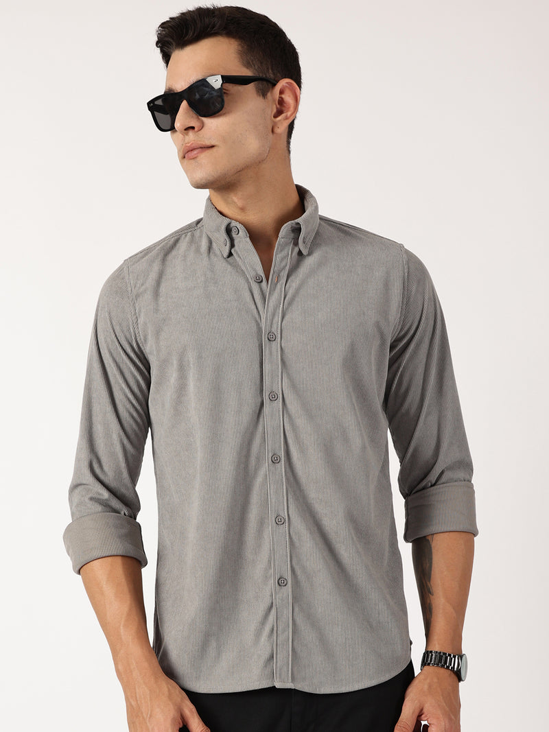 Thomas Scott Men Grey Premium Slim Fit Corduroy Casual Shirt