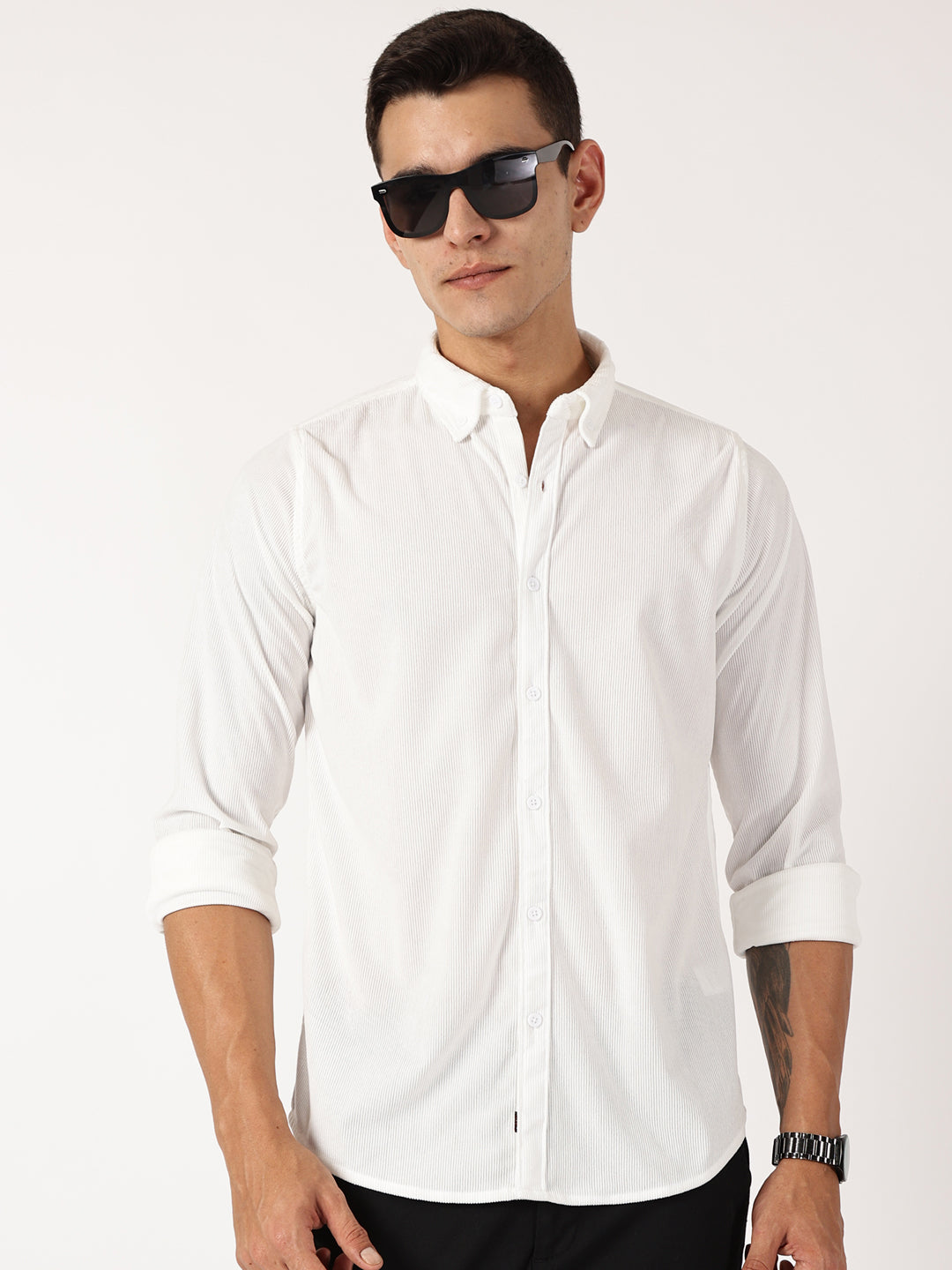 Thomas Scott Men White Premium Slim Fit Corduroy Casual Shirt
